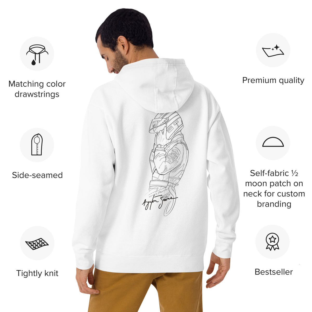 Marque McLaren Hoodie in white, back view of the heavyweight fleece