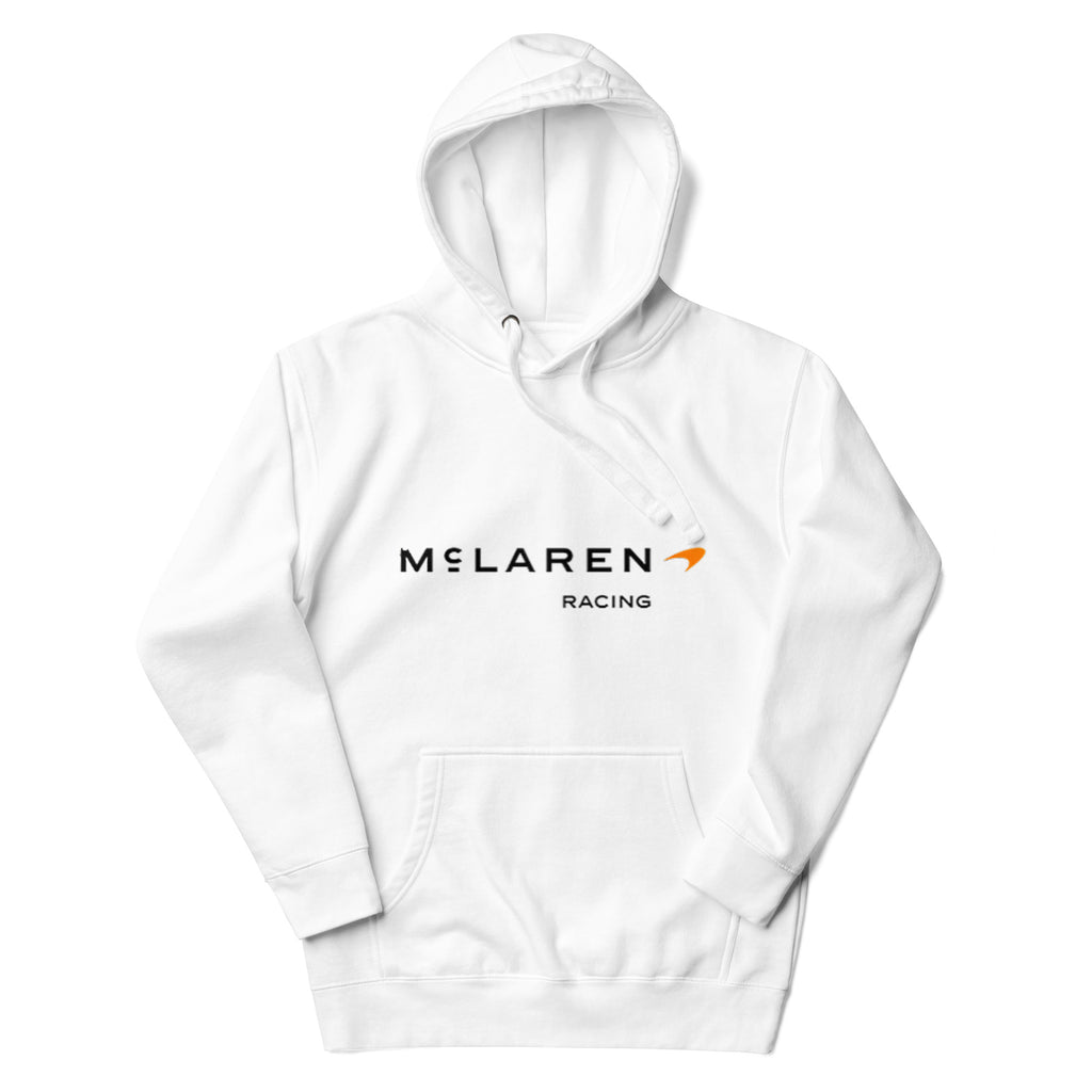 Marque McLaren Hoodie in white, front view showing the drawstring hood