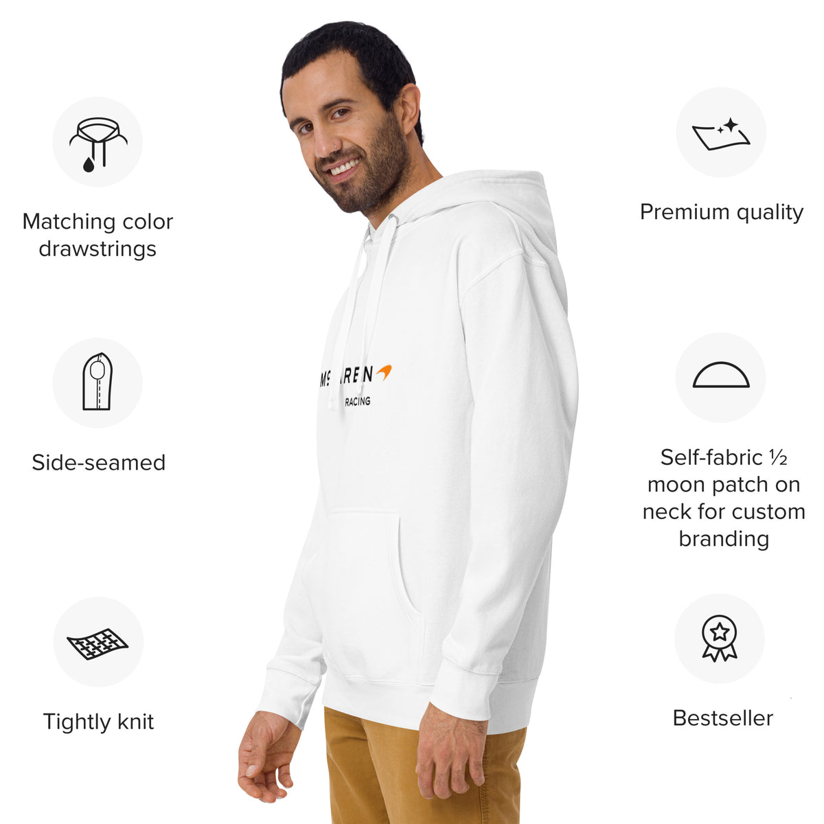 Marque McLaren Hoodie in white, front three-quarter view from the left